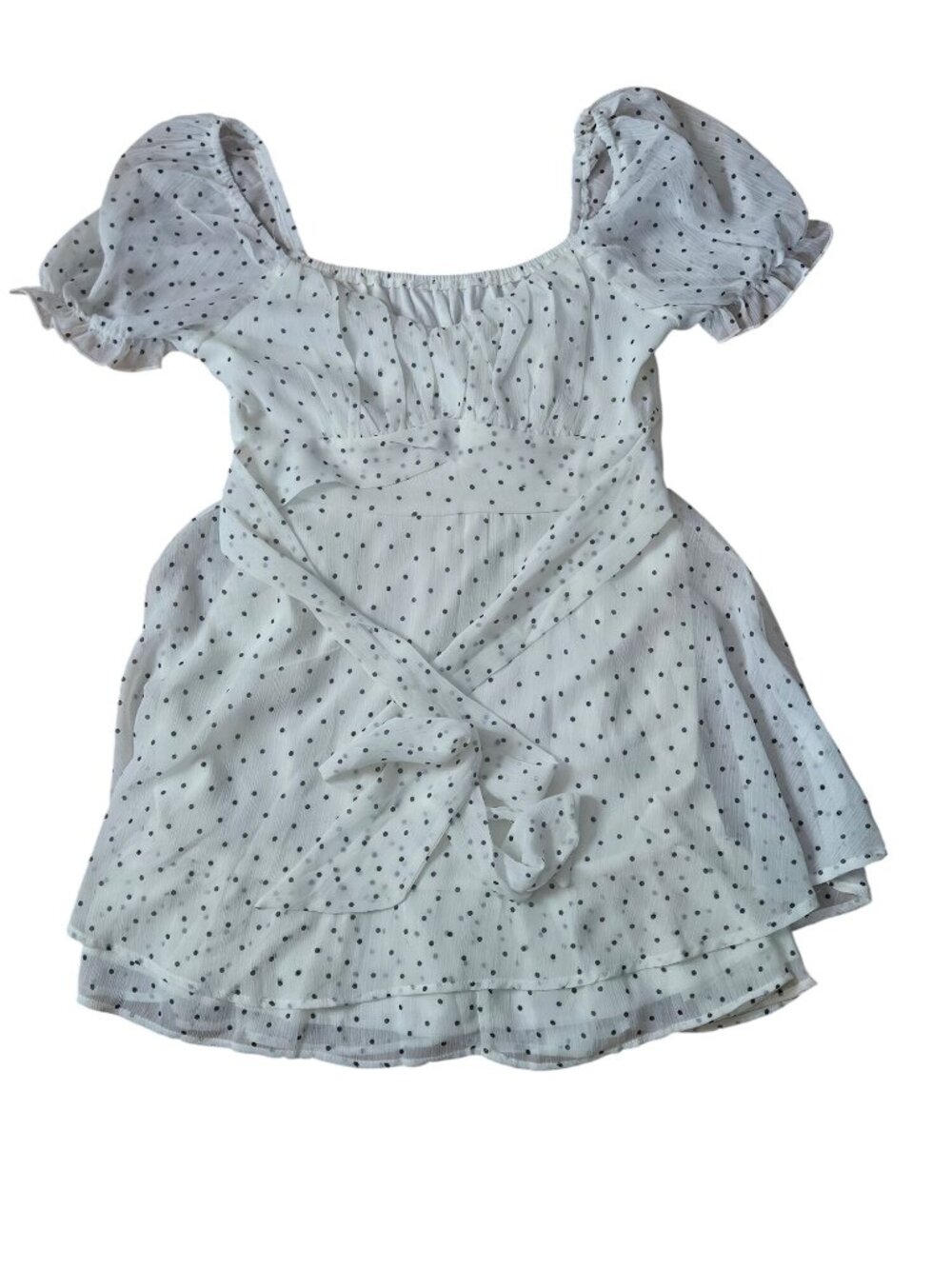 Polka Dot Puff Sleeve Mini Dress With Tie Waist & Ruffled Hem White & Black Poly